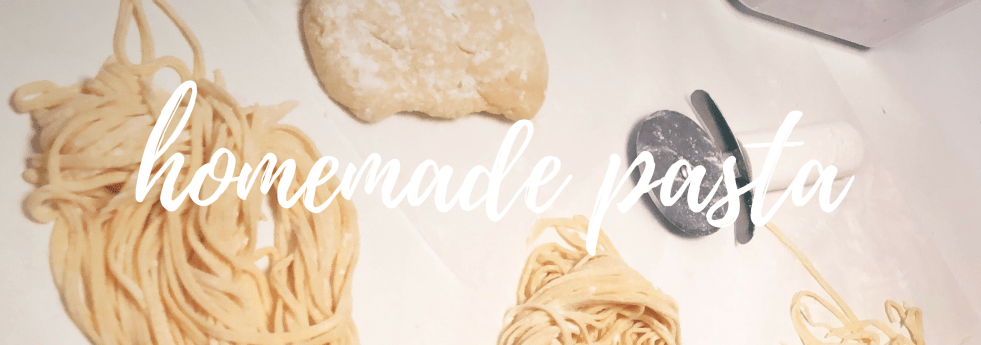 Prepared pasta laying next to a pizza cutter and a piece of dough with white overlay text