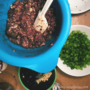 A mixing bowl full of potsticker filling