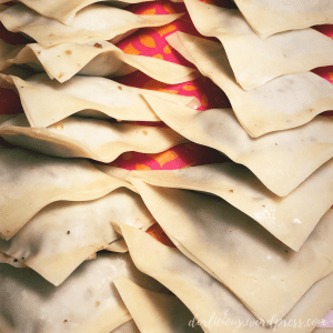 Prepared potstickers laid out on a plate overlapping each other